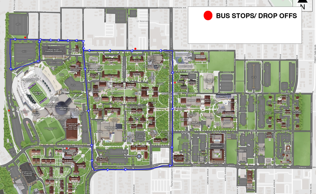 Map of Blue Route with Stops, description in text.